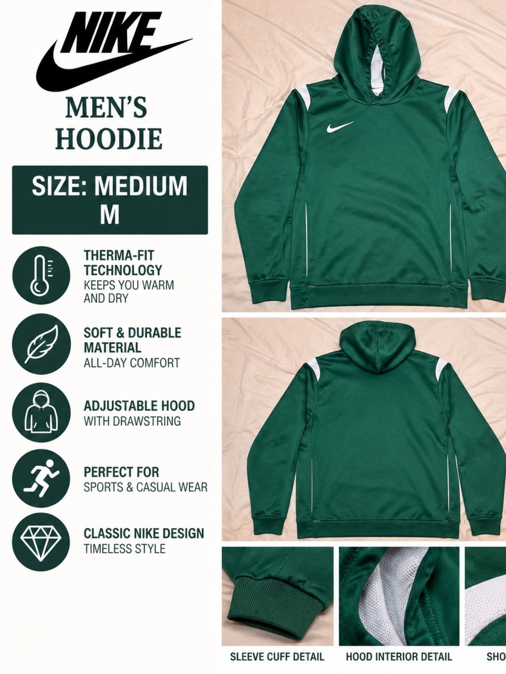 Nike Green Hooded Performance Sweatshirt with White Accents